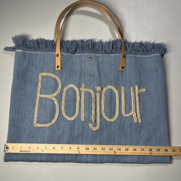 Bonjour Canvas Tote Bag Blue with Fringe Top Boho Summer Beachy Coastal - Picture 5 of 8